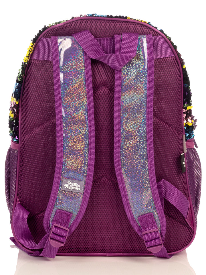 Mochila infantil multicolor con lentejuelas y estampado de Polinesios.