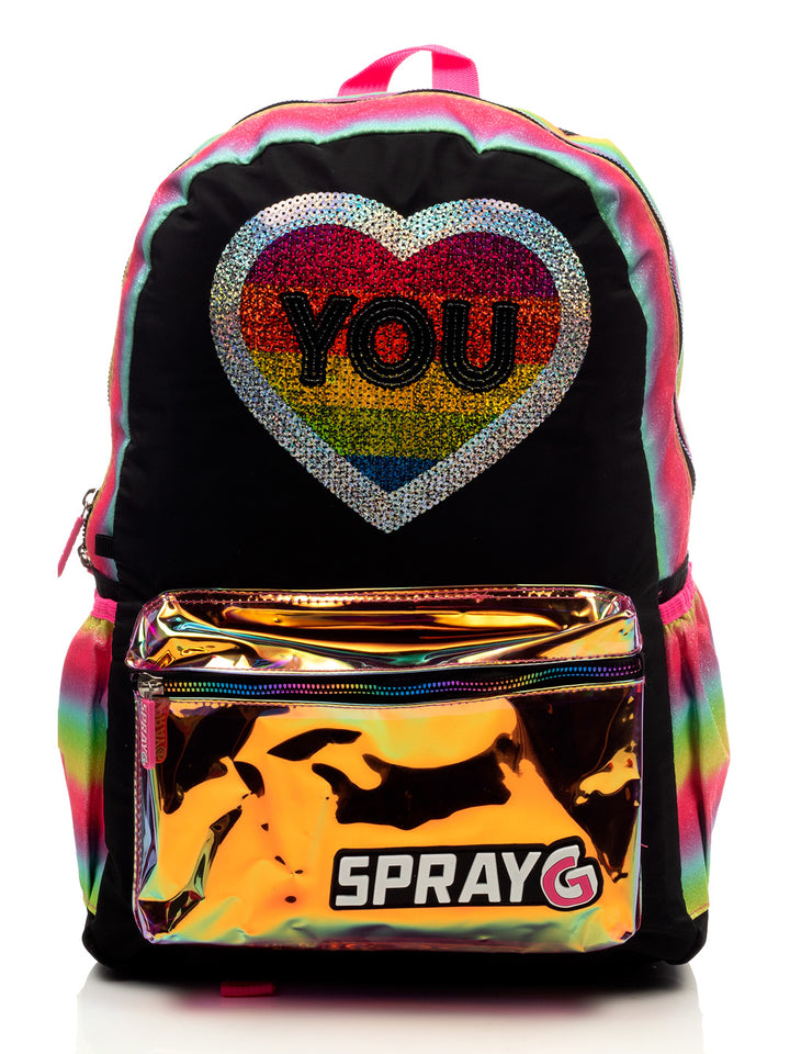 Mochila infantil multicolor con corazón brillante y bolsillo frontal holográfico.