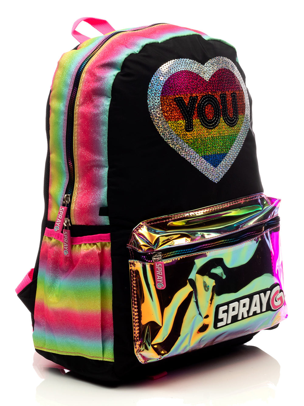 Mochila infantil multicolor con corazón brillante y bolsillo frontal holográfico.