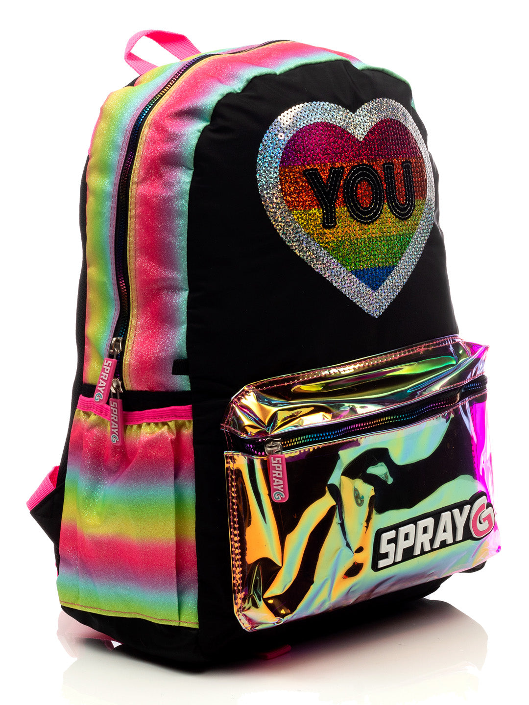 Mochila infantil multicolor con corazón brillante y bolsillo frontal holográfico.