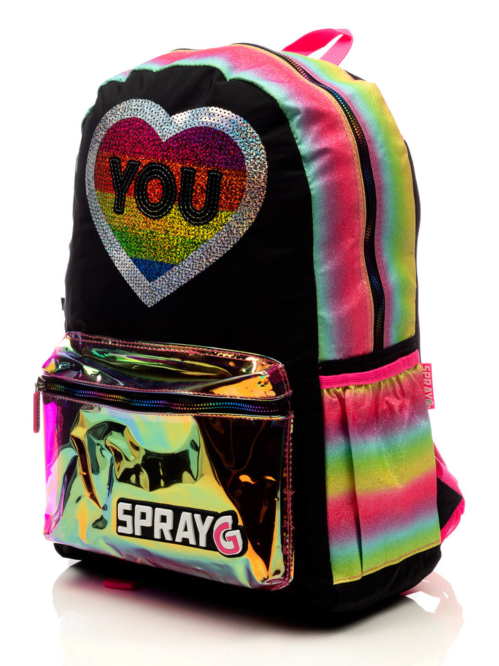 Mochila infantil multicolor con corazón brillante y bolsillo frontal holográfico.