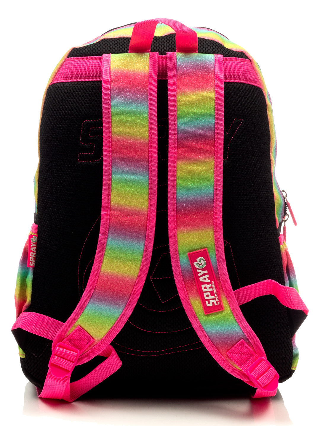 Mochila infantil multicolor con corazón brillante y bolsillo frontal holográfico.