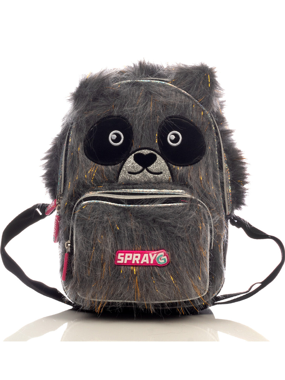 Lonchera infantil para niña con diseño de panda en color gris y negro, material de peluche y detalles brillantes.