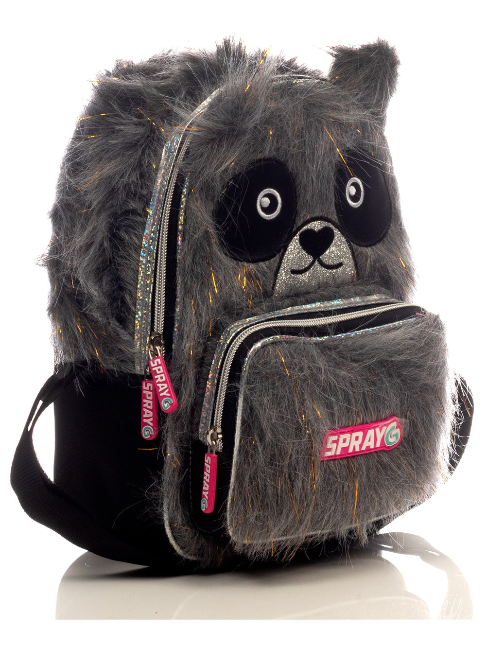 Lonchera infantil para niña con diseño de panda en color gris y negro, material de peluche y detalles brillantes.