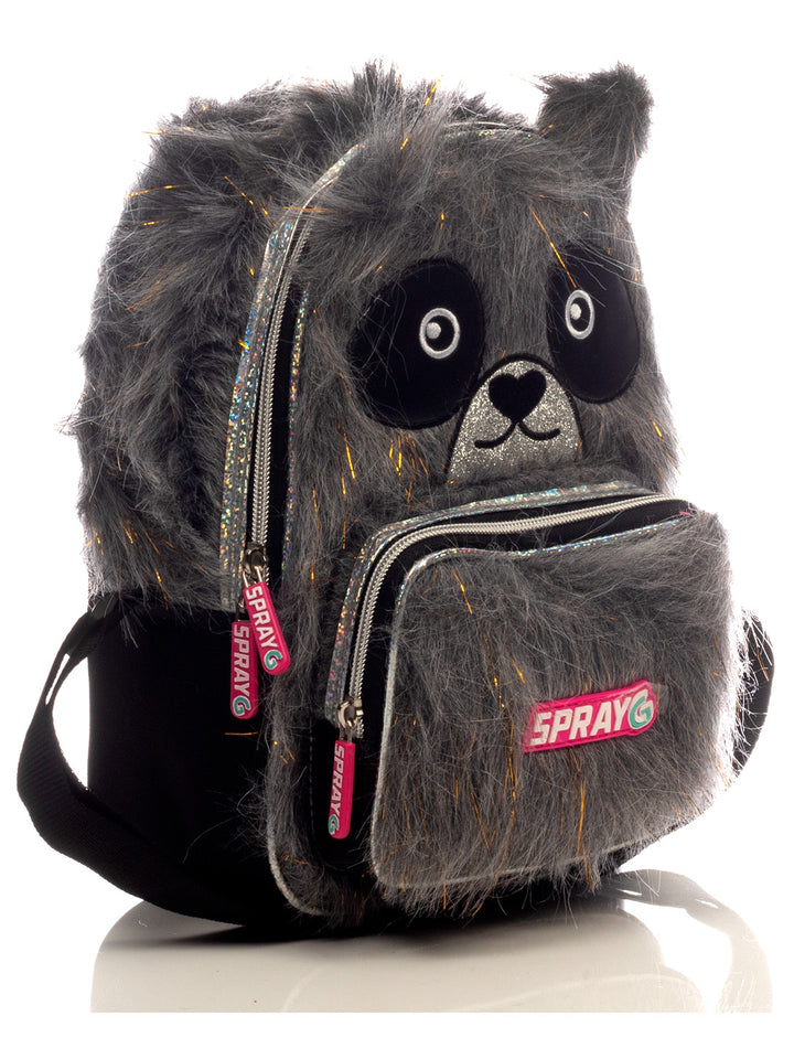 Lonchera infantil para niña con diseño de panda en color gris y negro, material de peluche y detalles brillantes.