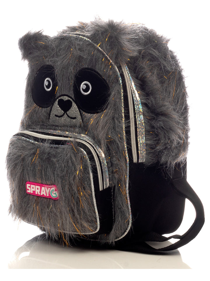 Lonchera infantil para niña con diseño de panda en color gris y negro, material de peluche y detalles brillantes.