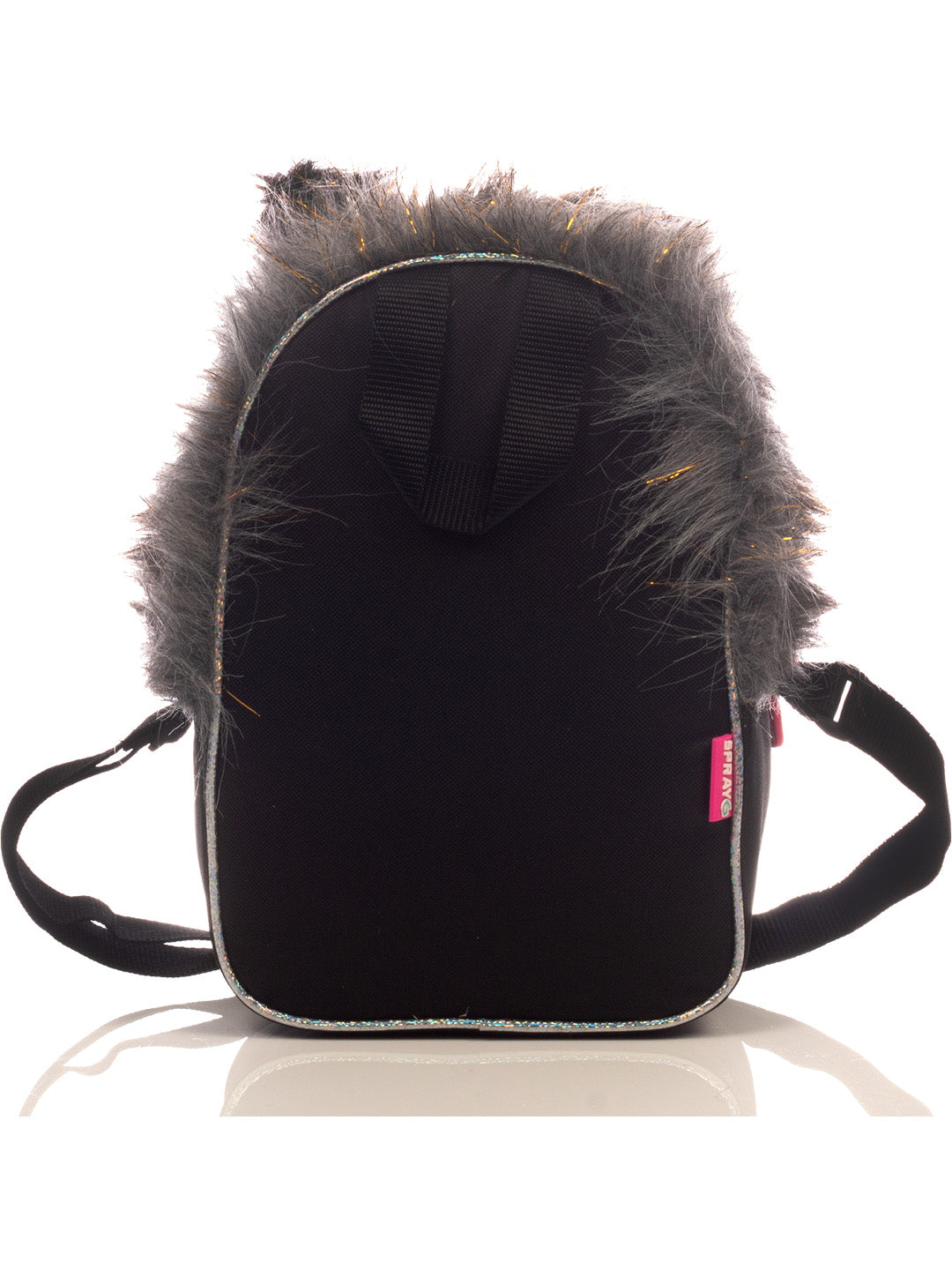Lonchera infantil para niña con diseño de panda en color gris y negro, material de peluche y detalles brillantes.