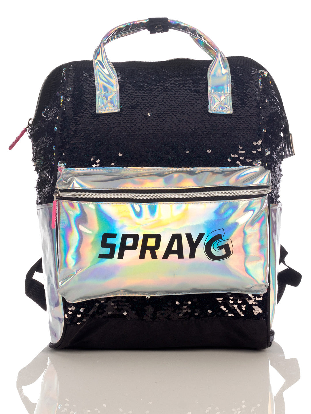 Lonchera infantil negra con lentejuelas y bolsillo frontal holográfico con el texto SPRAY G.