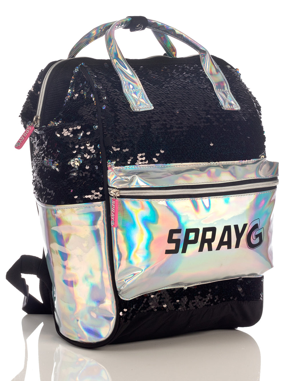 Lonchera infantil negra con lentejuelas y bolsillo frontal holográfico con el texto SPRAY G.