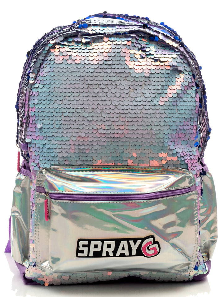 Mochila infantil color plata tornasol con lentejuelas y bolsillo frontal metálico.