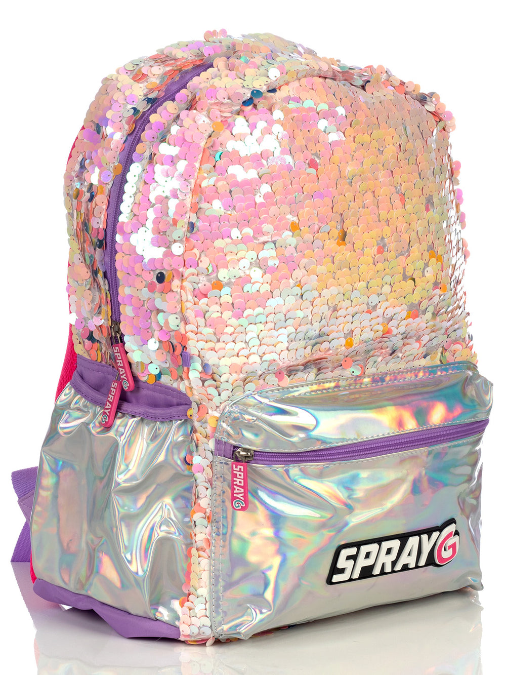 Mochila infantil color plata tornasol con lentejuelas y bolsillo frontal metálico.