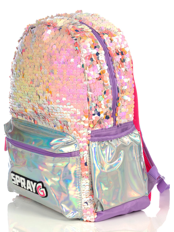 Mochila infantil color plata tornasol con lentejuelas y bolsillo frontal metálico.