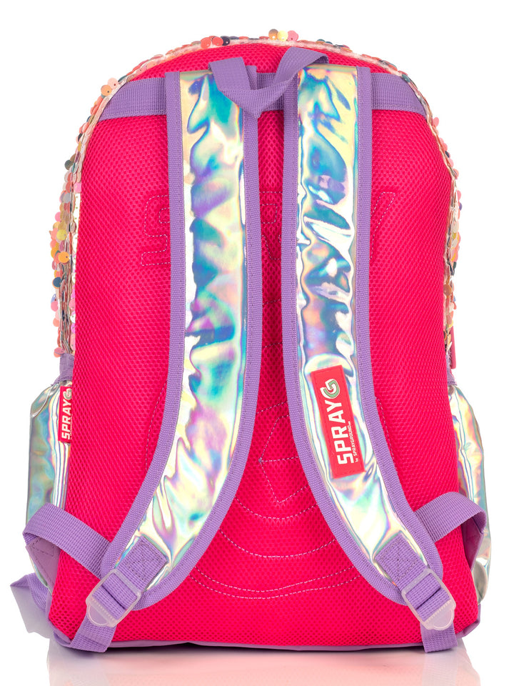 Mochila infantil color plata tornasol con lentejuelas y bolsillo frontal metálico.