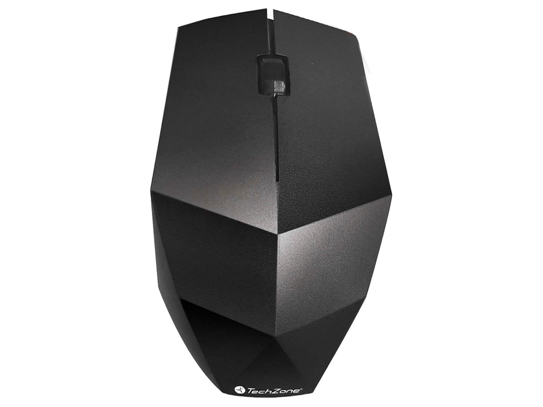 Mouse inalámbrico TechZone de color negro con diseño ergonómico y facetas angulares.