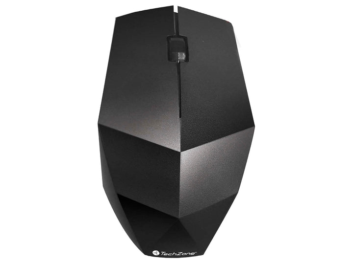 Mouse inalámbrico TechZone de color negro con diseño ergonómico y facetas angulares.