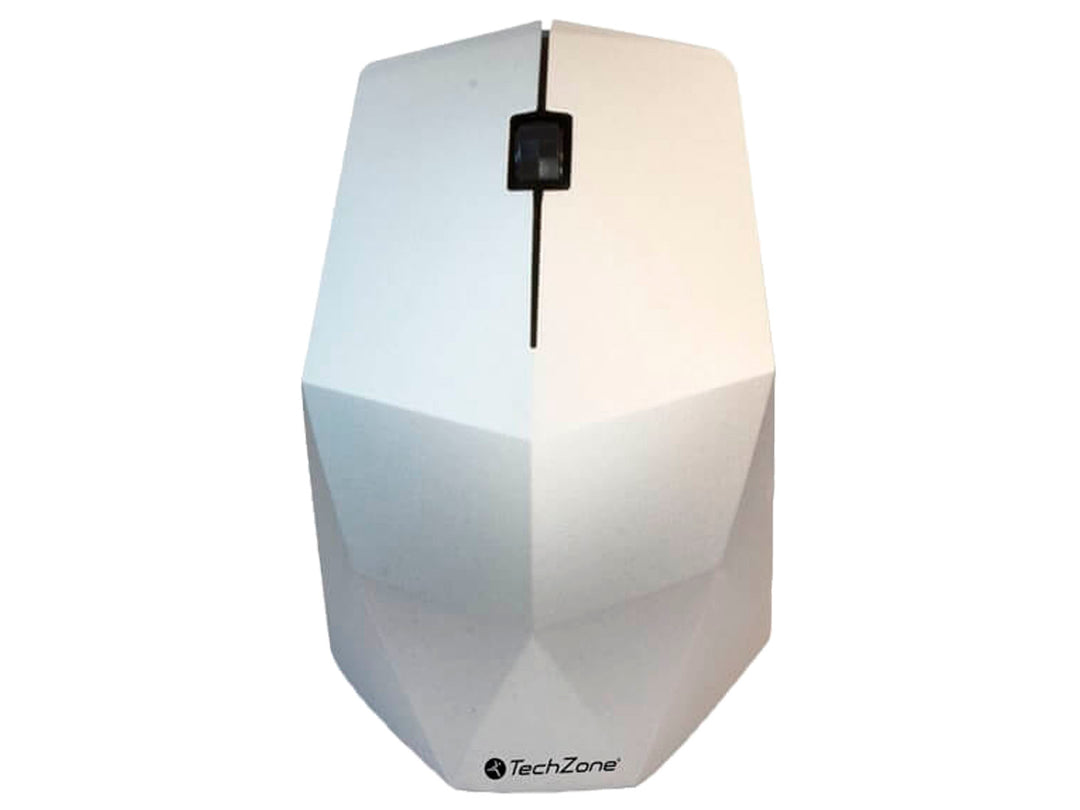 Mouse inalámbrico TechZone de color plata con diseño geométrico facetado y rueda de desplazamiento negra.