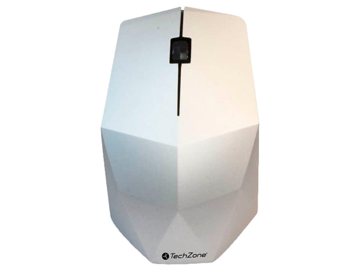 Mouse inalámbrico TechZone de color plata con diseño geométrico facetado y rueda de desplazamiento negra.