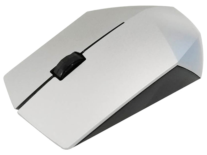 Mouse inalámbrico TechZone de color plata con diseño geométrico facetado y rueda de desplazamiento negra.