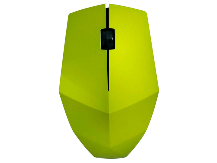 Ratón inalámbrico color verde lima con diseño geométrico y rueda de desplazamiento negra.
