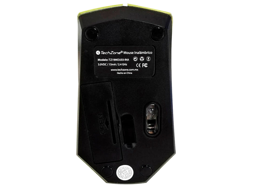Ratón inalámbrico color verde lima con diseño geométrico y rueda de desplazamiento negra.