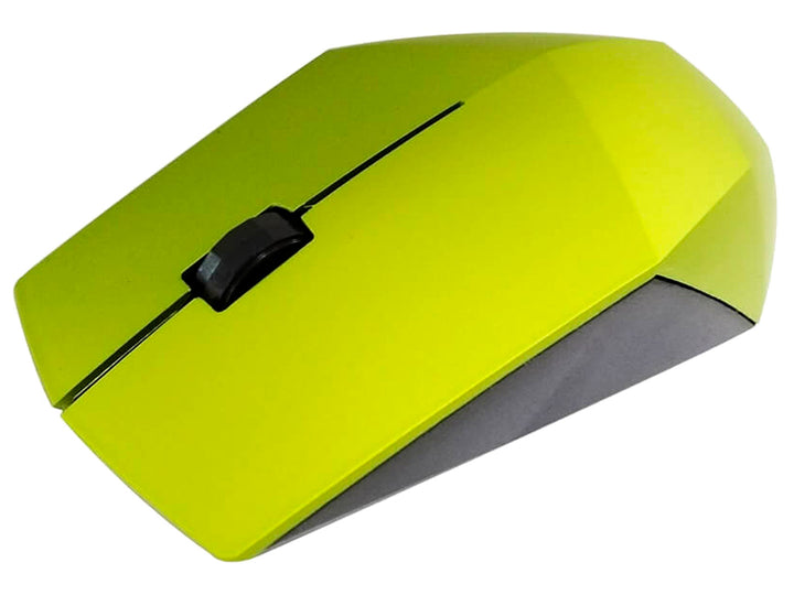 Ratón inalámbrico color verde lima con diseño geométrico y rueda de desplazamiento negra.
