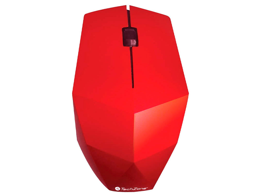 Mouse inalámbrico rojo con diseño geométrico facetado de la marca TechZone.