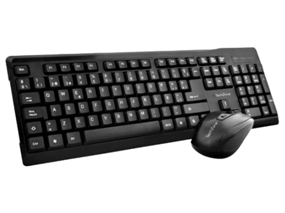 Combo de teclado y mouse inalámbricos de color negro marca TechZone sobre fondo blanco.