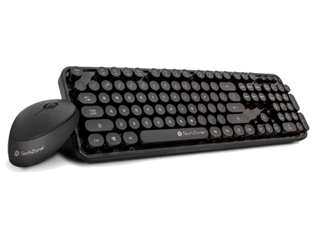 Kit de teclado y mouse de color negro marca TechZone sobre fondo blanco.