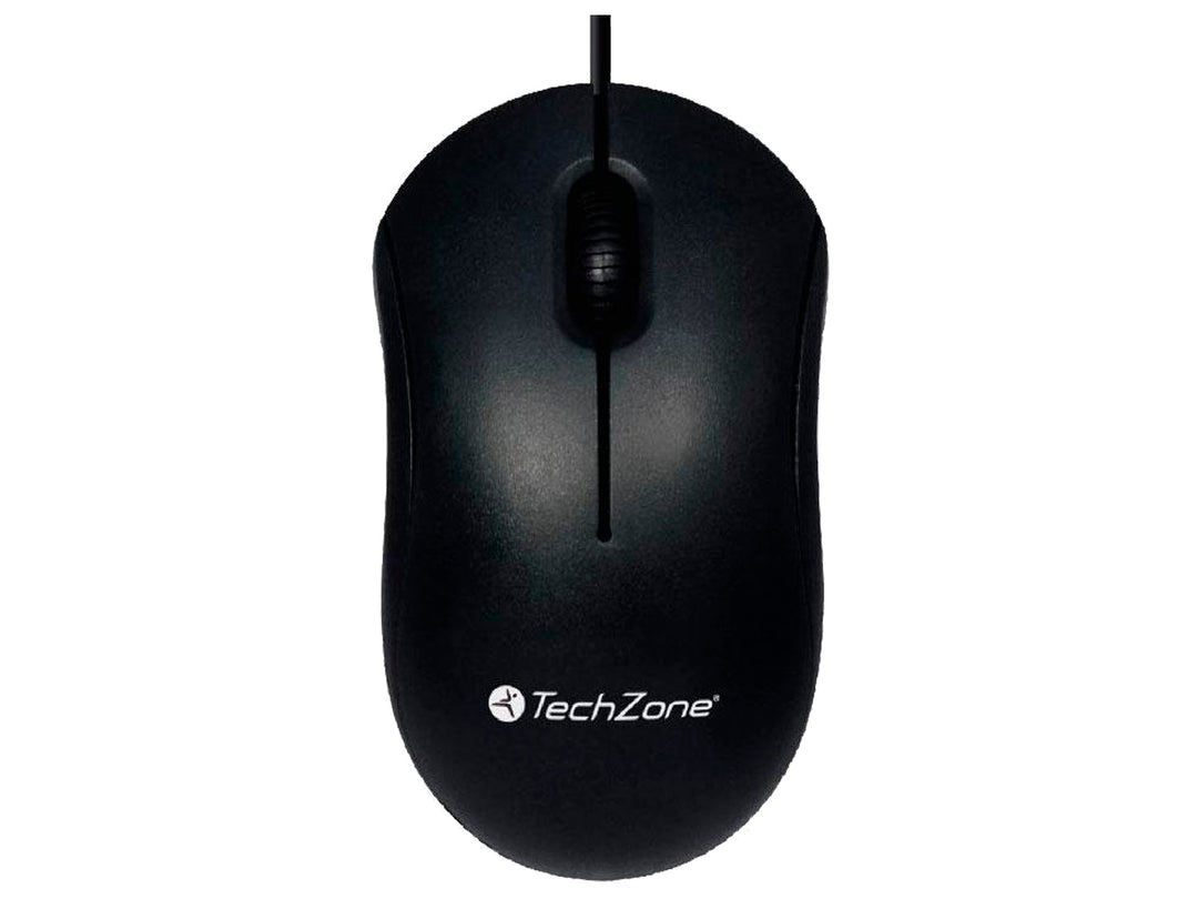 Mouse alámbrico de color negro marca TechZone con diseño ergonómico y acabado mate.