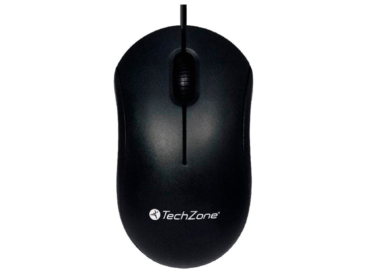Mouse alámbrico de color negro marca TechZone con diseño ergonómico y acabado mate.