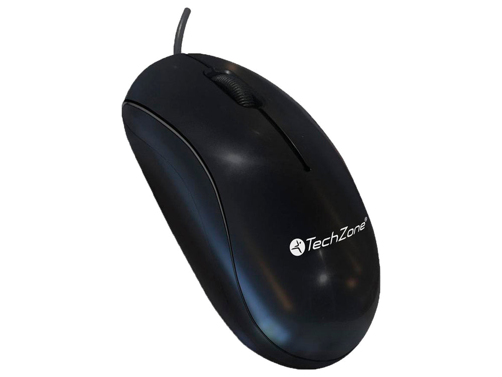 Mouse alámbrico de color negro marca TechZone con diseño ergonómico y acabado mate.