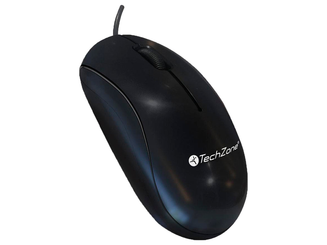 Mouse alámbrico de color negro marca TechZone con diseño ergonómico y acabado mate.