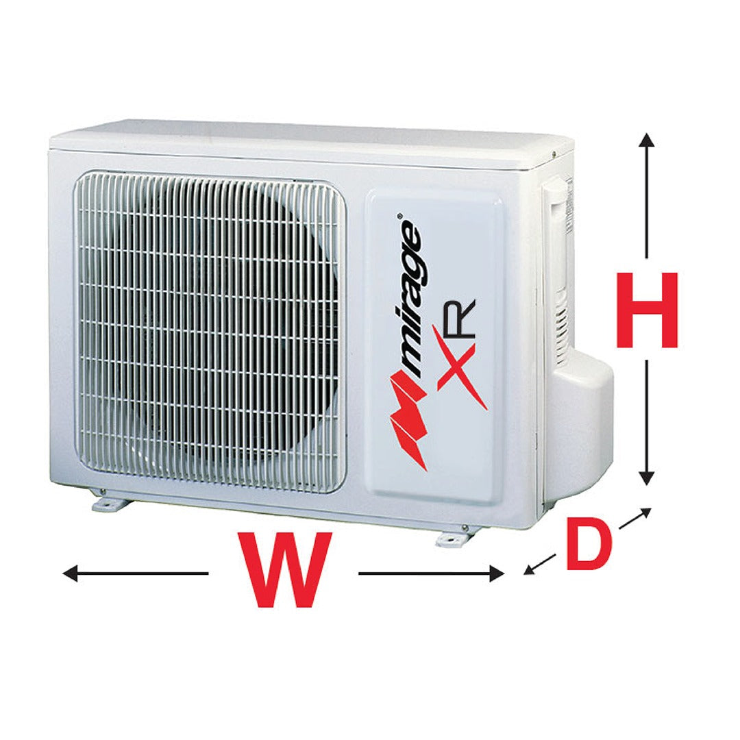 Unidad interior de minisplit Mirage XR color blanco con pantalla digital encendida.