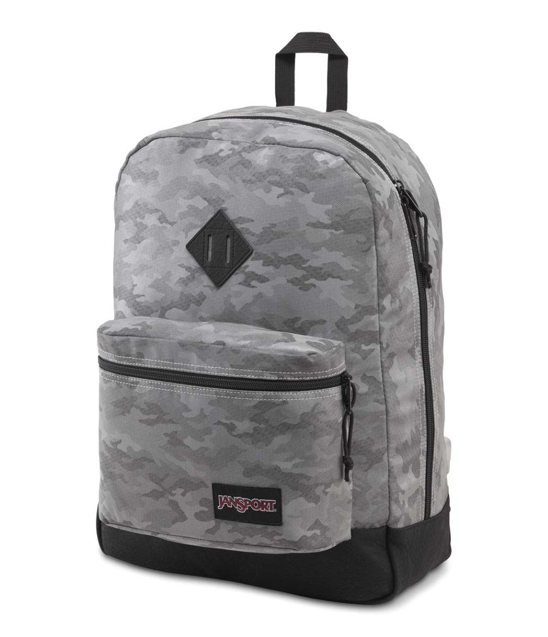 Mochila JanSport color gris camuflaje con base negra y bolsillo frontal.