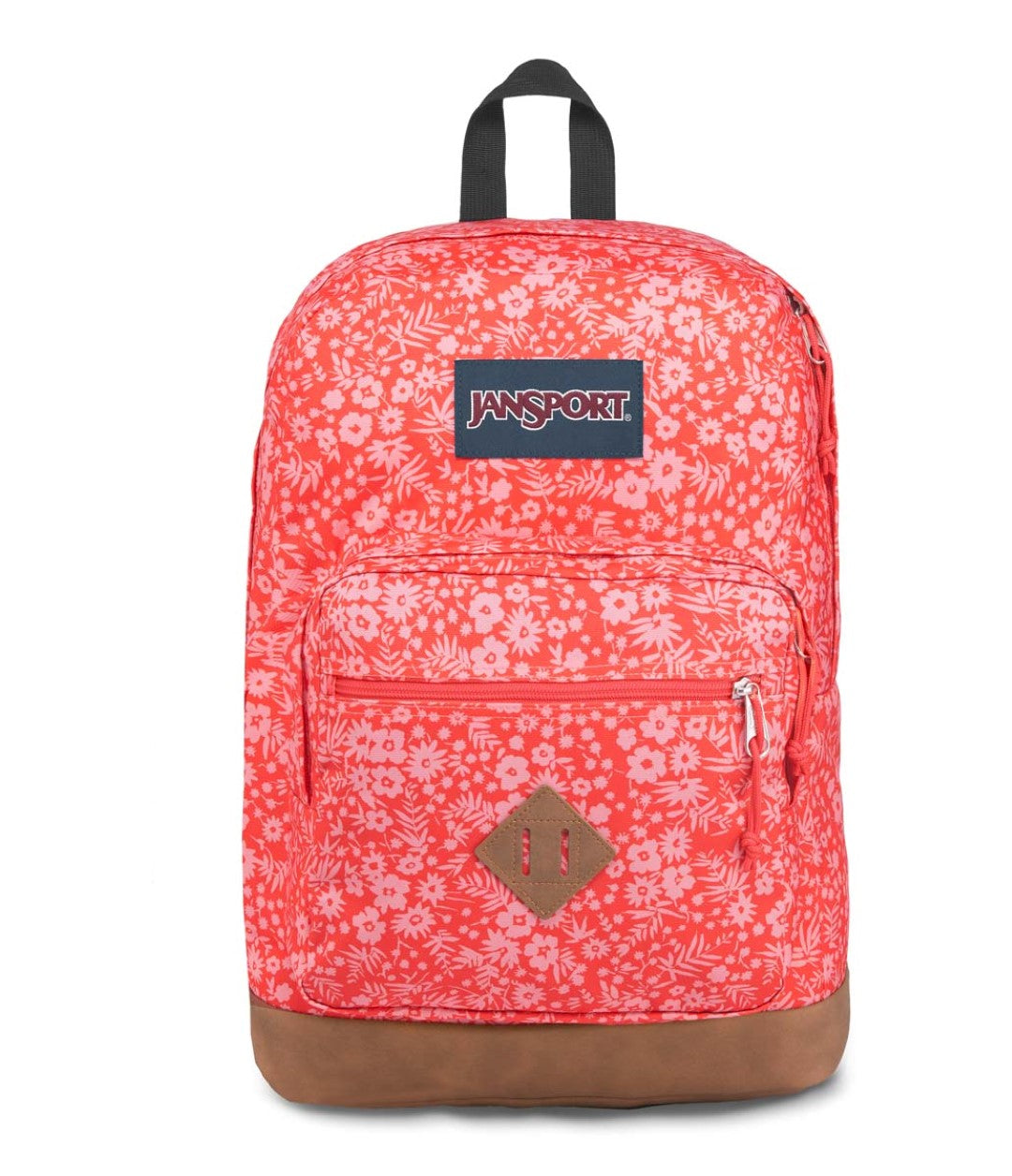 Mochila JanSport City View color rosa con estampado floral y base color café.