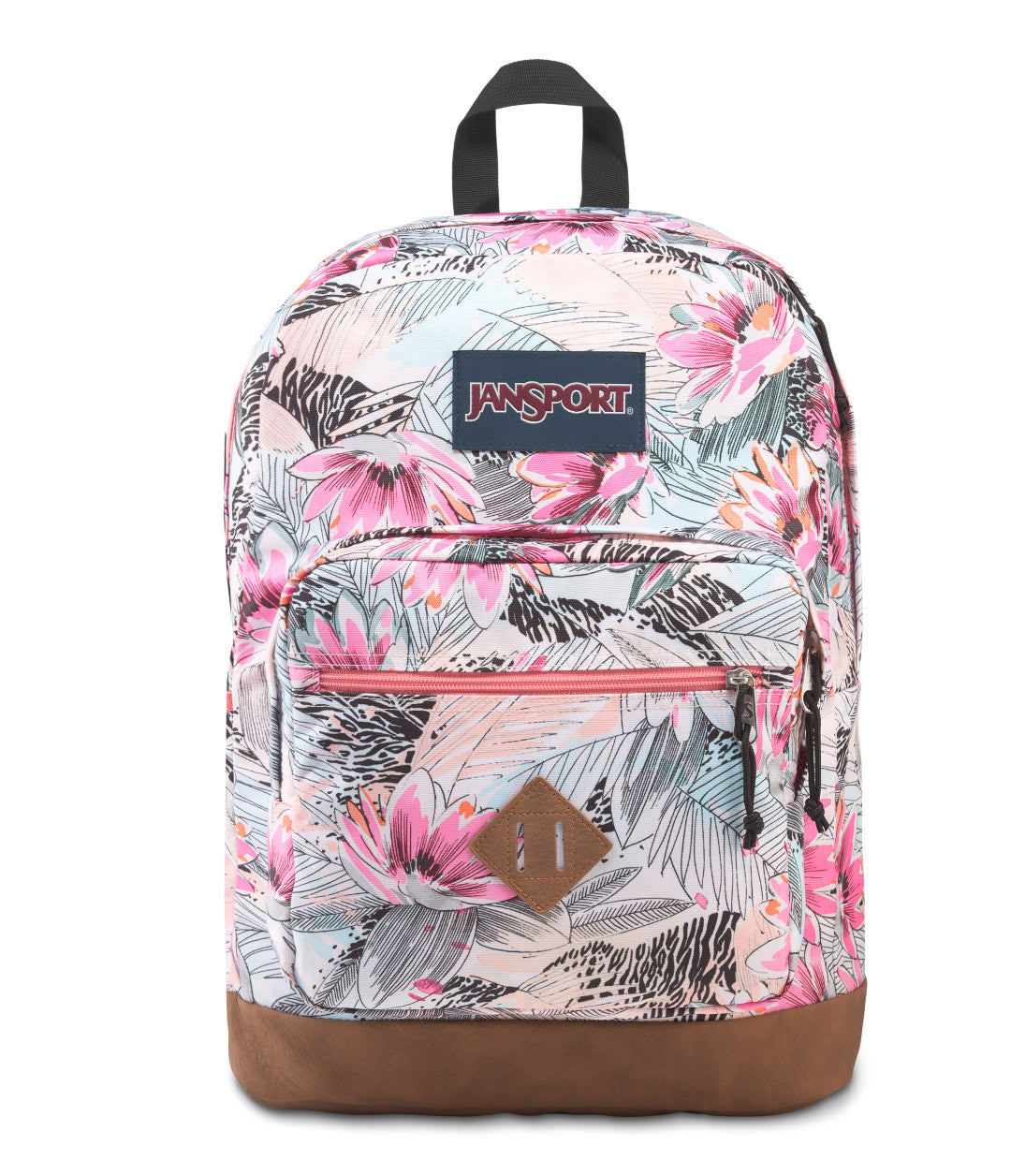 Mochila JanSport City View con estampado floral y zebra en colores rosa y blanco con base café.