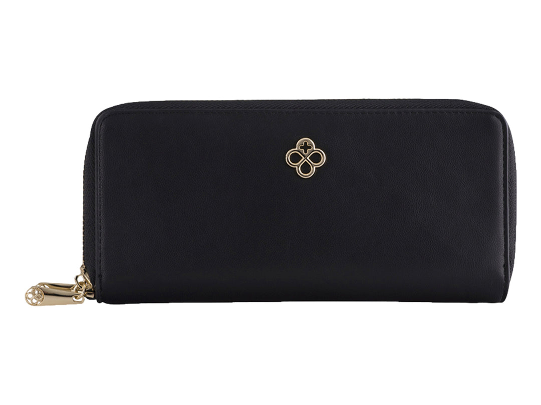 Cartera negra de Jaime Ibiza con cierre dorado y logotipo metálico frontal.