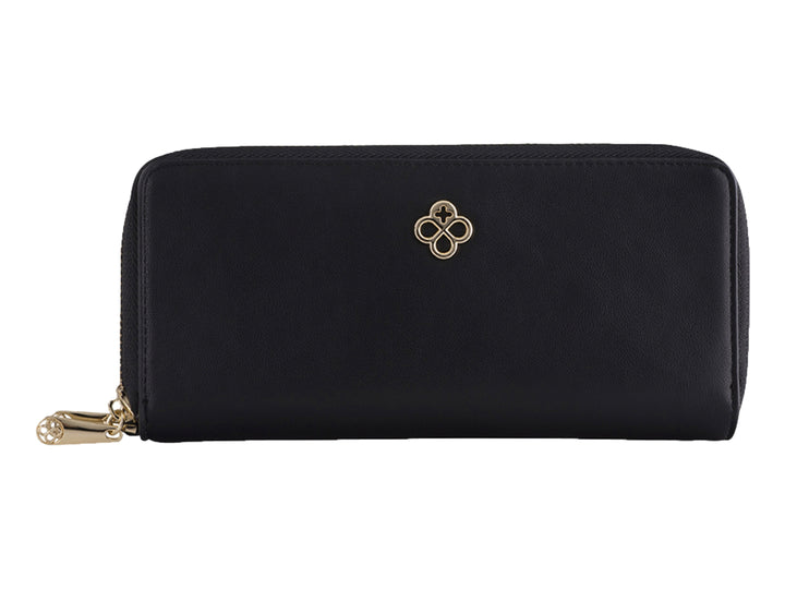 Cartera negra de Jaime Ibiza con cierre dorado y logotipo metálico frontal.
