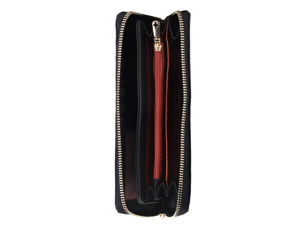 Cartera negra de Jaime Ibiza con cierre dorado y logotipo metálico frontal.