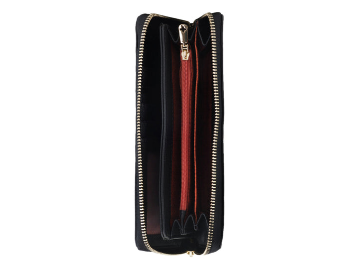 Cartera negra de Jaime Ibiza con cierre dorado y logotipo metálico frontal.