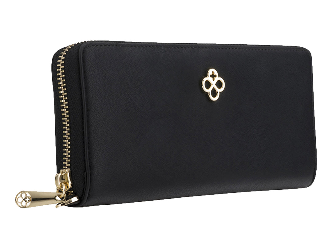 Cartera negra de Jaime Ibiza con cierre dorado y logotipo metálico frontal.