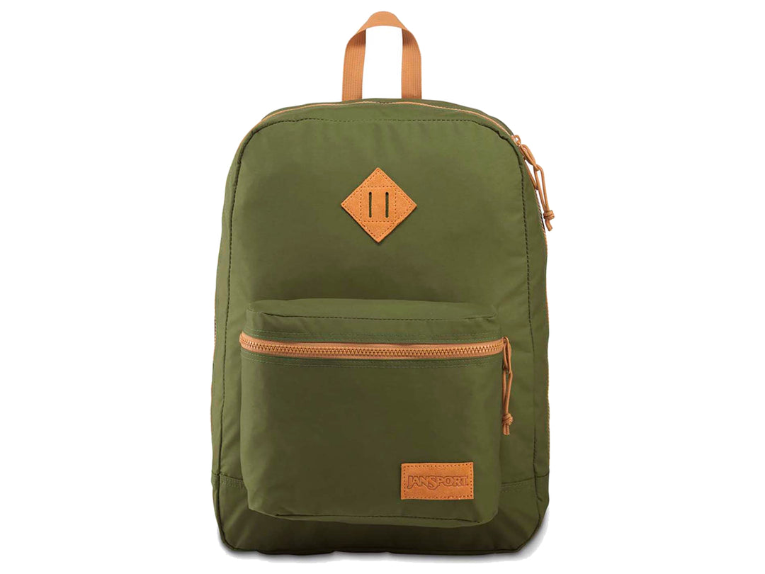Mochila escolar JanSport SuperLite color verde olivo con detalles en marrón.