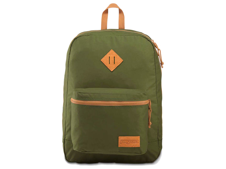 Mochila escolar JanSport SuperLite color verde olivo con detalles en marrón.