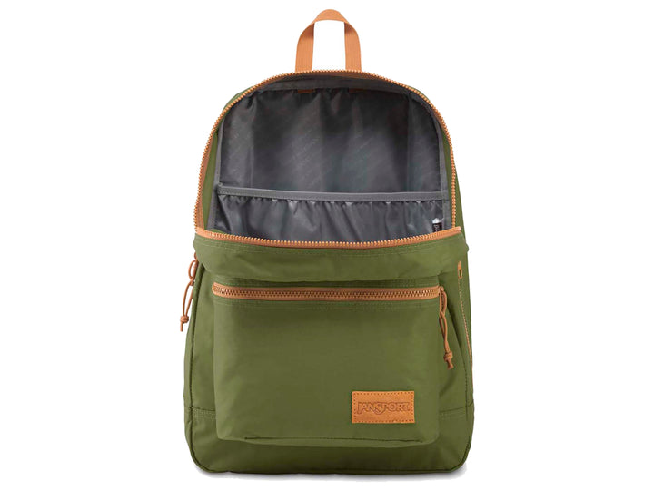 Mochila escolar JanSport SuperLite color verde olivo con detalles en marrón.