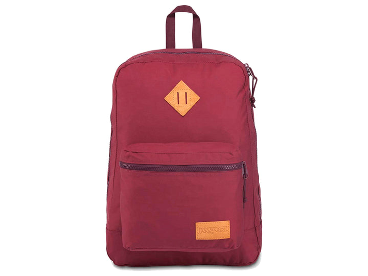 Mochila JanSport Super Lite color vino con un bolsillo frontal y detalle en cuero marrón.