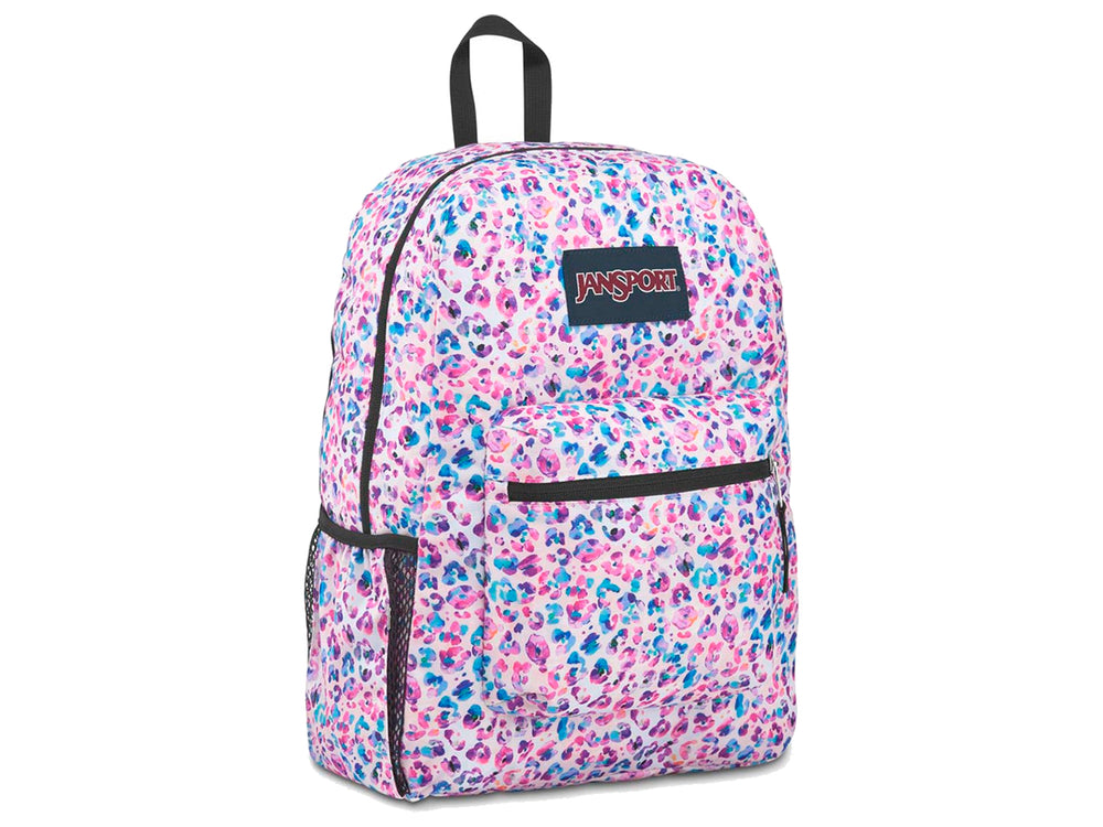 Mochila JanSport Cross Town con estampado multicolor de puntos tipo leopardo en tonos rosa, púrpura y azul.