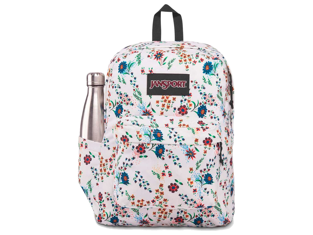 Mochila JanSport SuperBreak blanca con estampado floral multicolor y botella de agua en el bolsillo lateral.
