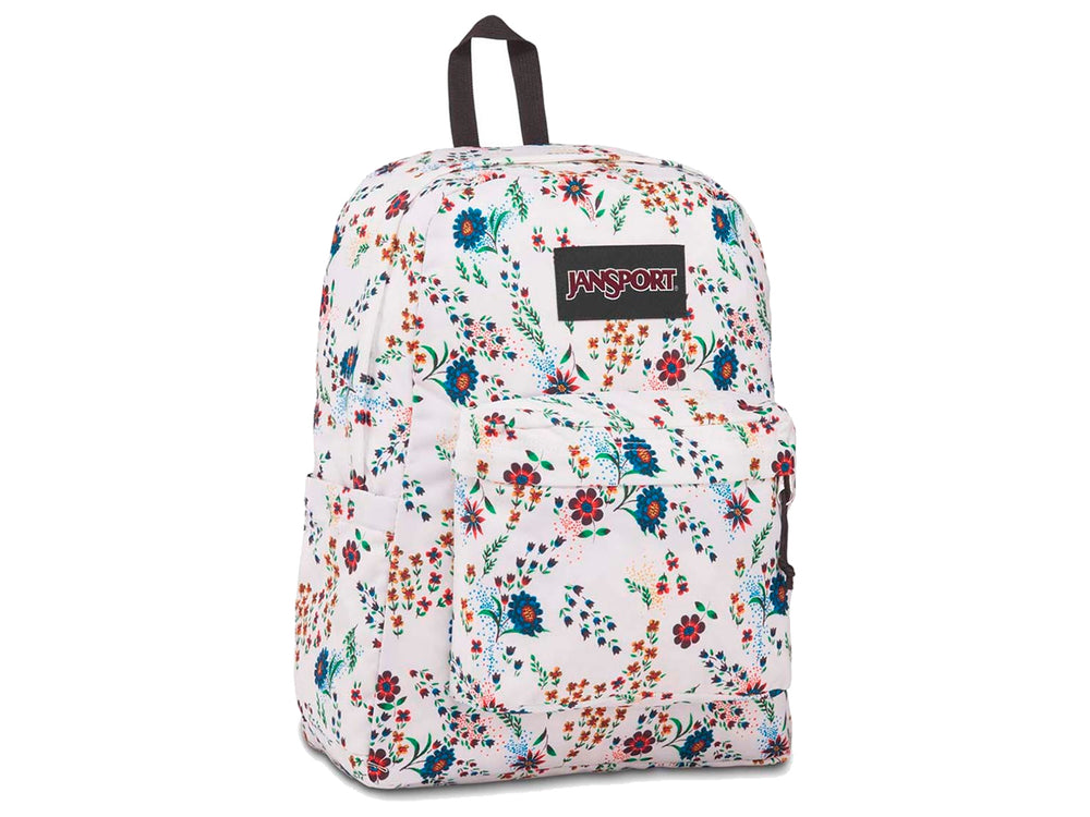 Mochila JanSport SuperBreak blanca con estampado floral multicolor y botella de agua en el bolsillo lateral.