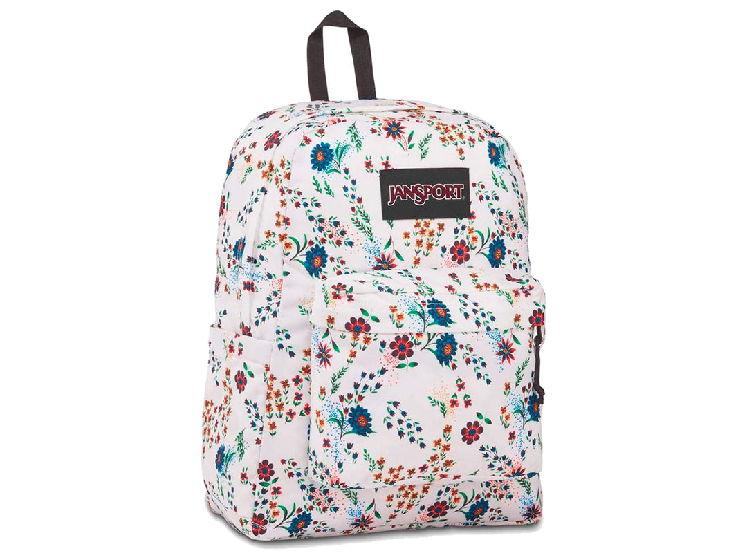 Mochila JanSport SuperBreak blanca con estampado floral multicolor y botella de agua en el bolsillo lateral.