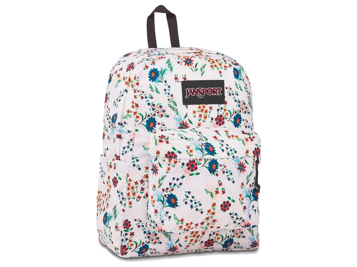 Mochila JanSport SuperBreak blanca con estampado floral multicolor y botella de agua en el bolsillo lateral.